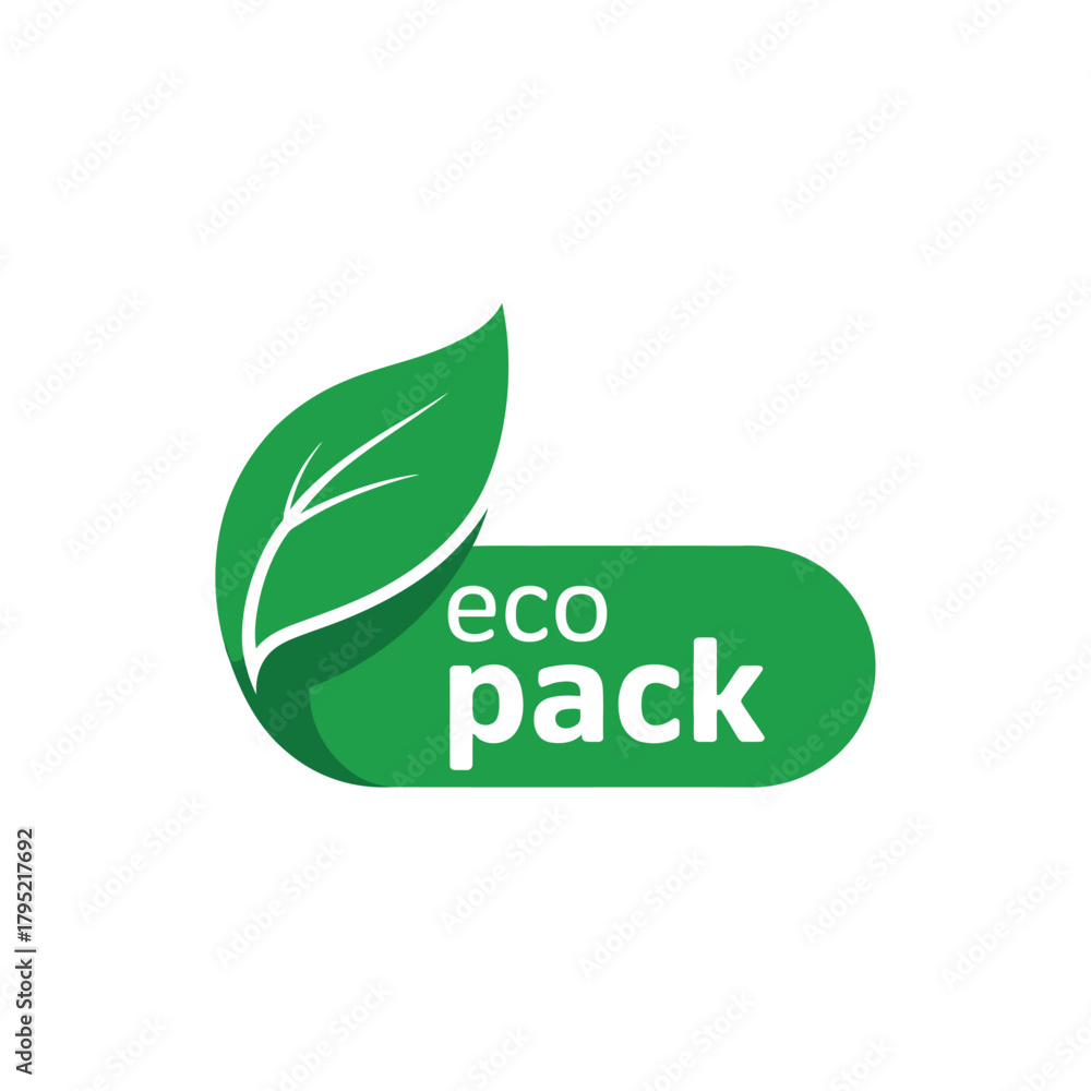 Fototapeta premium Green eco pack label with a leaf symbol for sustainable packaging and products