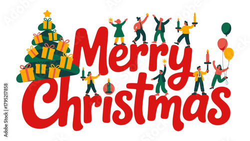 Merry Christmas Celebration: Festive scene depicting joyful characters, Christmas tree and gifts, candles and balloons, creating the magic of Christmas.
