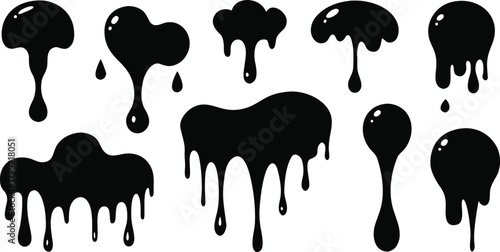 Black liquid drips set. various melting fluid shapes and drops