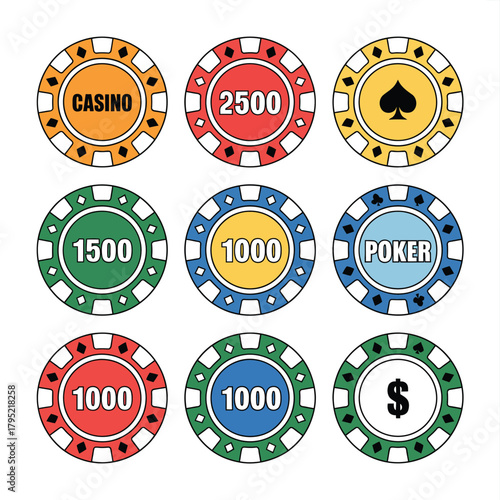 Collection of nine colorful casino poker chips with different denominations and symbols