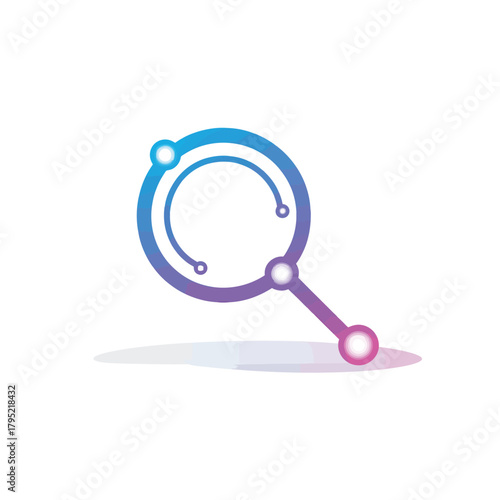 Abstract digital magnifying glass icon with circuit board elements and gradient colors