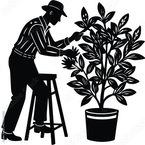 Gardener Trimming Plant Silhouette, Black and White Illustration on White Background