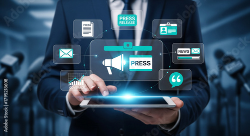 Businessman using a tablet to manage press and media communications, with icons representing news, email, and social media, in front of microphones