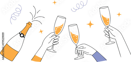 Festive champagne celebration with popping bottle and flutes