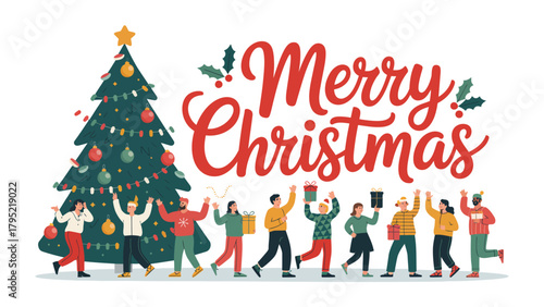 Festive Christmas Greetings: A vibrant scene captures the spirit of the holiday season, with a decorated Christmas tree, joyous individuals, and a message of Merry Christmas.