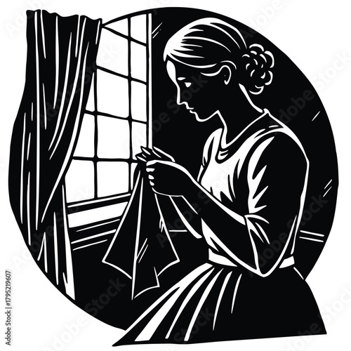 Elegant Silhouette of Woman Mending Fabric by Window Illustration Art on White Background