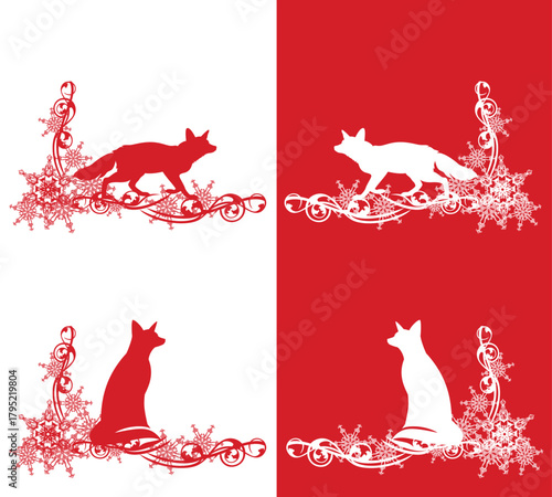 red and white vector frozen corner ornament with wild fox and winter snow flakes forming festive border copy space frame