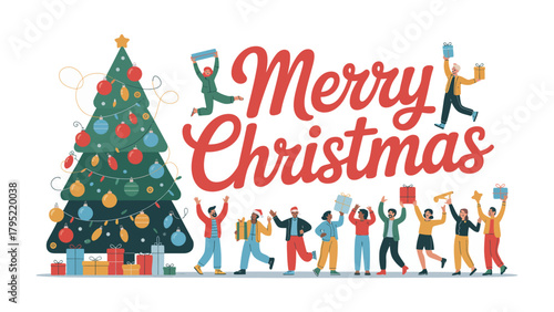 Joyous Season Greetings: A vibrant Christmas illustration. A decorated Christmas tree takes center stage, surrounded by people celebrating.