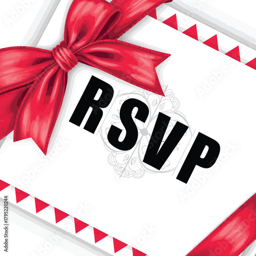 Elegant rsvp card with red ribbon and festive border