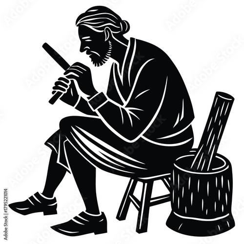 Craftsman Silhouette Carving with Tools and Wood, Woodcut Style Illustration on White Background