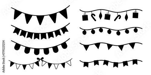 Silhouette christmas bunting garlands set with festive holiday decorative elements