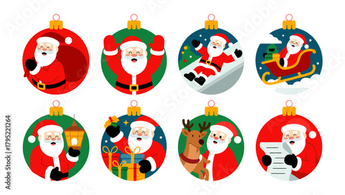 Festive Ornaments with Santa: A collection of vibrant Christmas ornaments, each featuring Santa Claus in various joyful holiday scenes, spreading cheer and delight.
