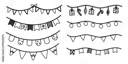 Outline bunting garlands set with festive holiday flags ornaments and winter decorations