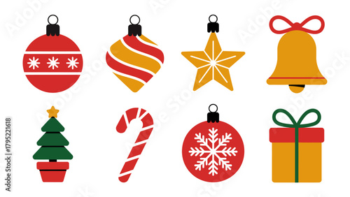 Festive Ornament Collection: An array of delightful Christmas ornaments, including baubles, bells, and gifts, adding a touch of festive cheer and vibrancy for the holiday season.