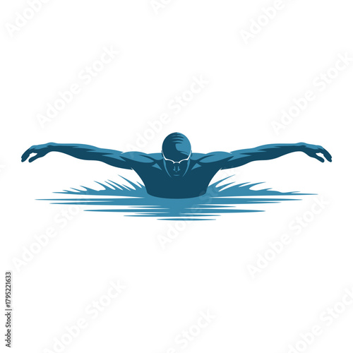 Athlete swimming butterfly stroke in blue water