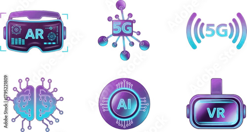 Detailed graphic icons highlighting key future tech concepts: Augmented Reality, 5G, Artificial Intelligence, and Virtual Reality headsets. Perfect for high-impact visual design.
