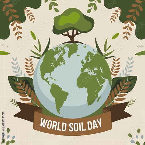 World soil day illustration with a globe and tree, symbolizing environmental protection and earth care