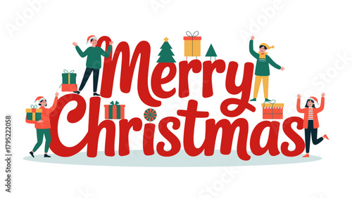 Merry Christmas Illustration: Whimsical scene of individuals in winter clothing and Santa hats. Embracing the essence of festive cheer with joyful and celebratory spirit