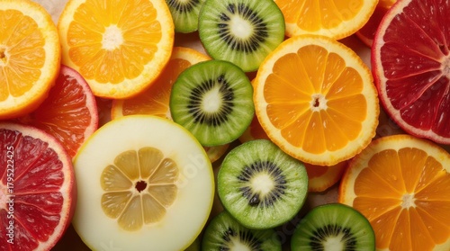 Vibrant Citrus and Kiwi Slices Arranged for a Healthy and Refreshing Display.