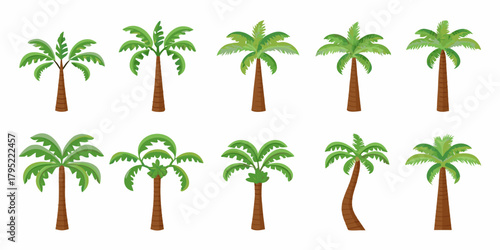 Collection of ten diverse cartoon palm trees with green leaves and brown trunks on a white background