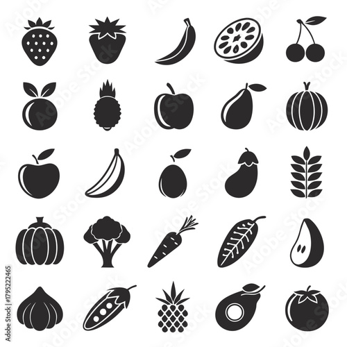Collection of various fruits and vegetables in black silhouette style vector illustration design