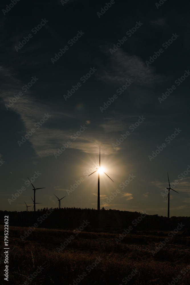 Obraz premium Silhouette of wind turbines at sunset with warm sunlight and soft clouds in the sky over a rural landscape.