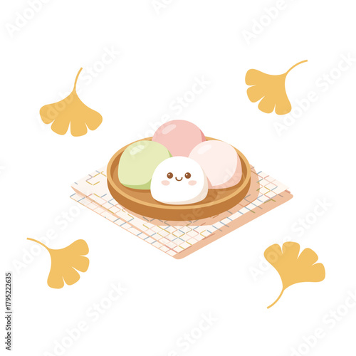 Cute mochi with ginkgo leaves illustration