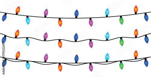 Christmas lights, Colorful bulbs, Rainbow Christmas Lights, Christmas Lights Isolated on Transparent Background 