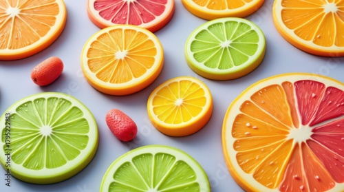 Vibrant assortment of fresh citrus fruit slices on a light background.