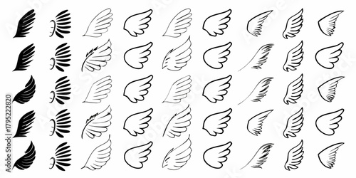 Collection of diverse hand drawn wing icons and symbols in black and white for design elements