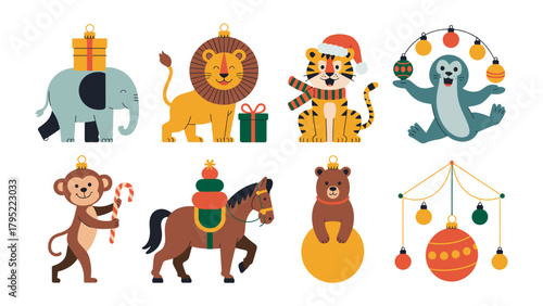 Festive animal ornaments in a row: Delightful collection of cartoon animal ornaments, featuring playful decorations and holiday cheer. Perfect for adding a touch of whimsy to any festive occasion.