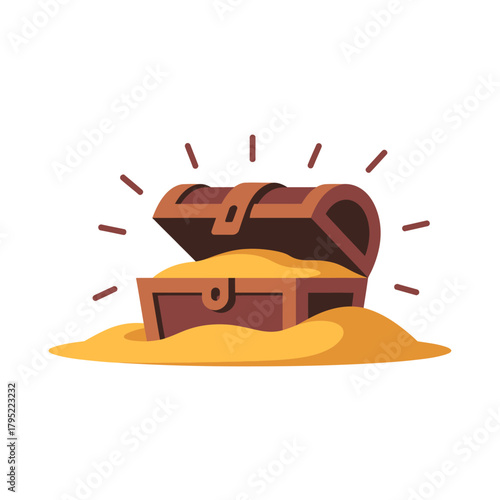 Open treasure chest filled with gold coins on sandy beach