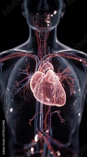 Medical illustration of human heart and circulatory system in the body with black background