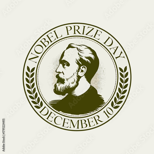 Nobel prize day december 10th emblem featuring a portrait of alfred nobel surrounded by laurel wreaths on a light background