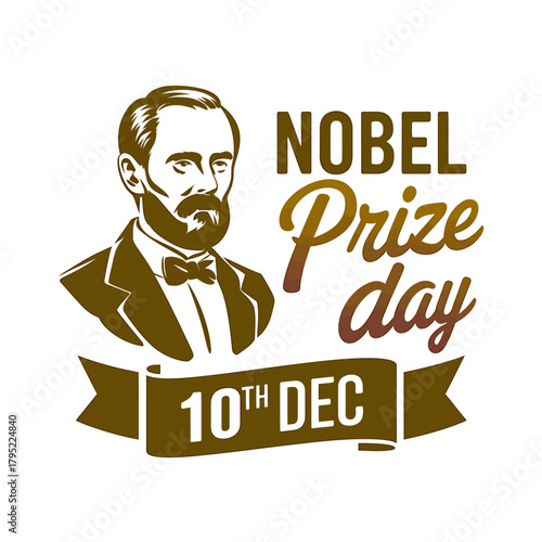 Stylized portrait of alfred nobel with a bow tie, accompanied by nobel prize day 10th dec text on a