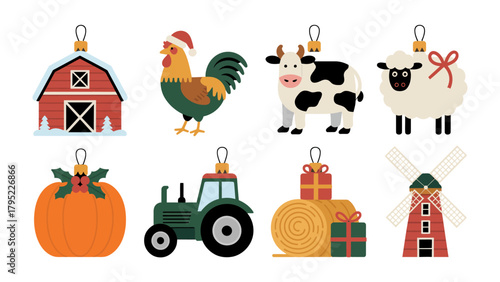 Festive Farm Ornaments: A charming array of Christmas ornaments featuring a barn, rooster, cow, sheep, pumpkin, tractor, hay bales, and windmill.