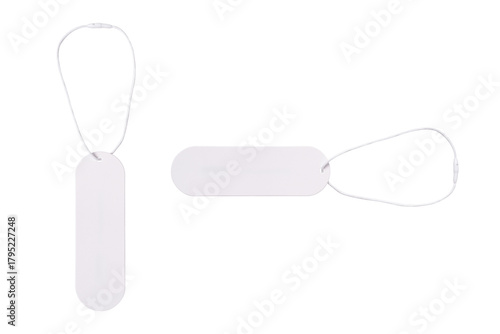 Blank white paper price tag or gift label with cord, isolated on a transparent PNG. High quality studio shot for retail, sales, and branding mockups.