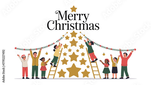 Christmas Community: Children and adult are putting the stars and garlands on the giant Christmas tree