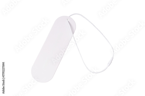 Blank white paper price tag or gift label with cord, isolated on a transparent PNG. High quality studio shot for retail, sales, and branding mockups.