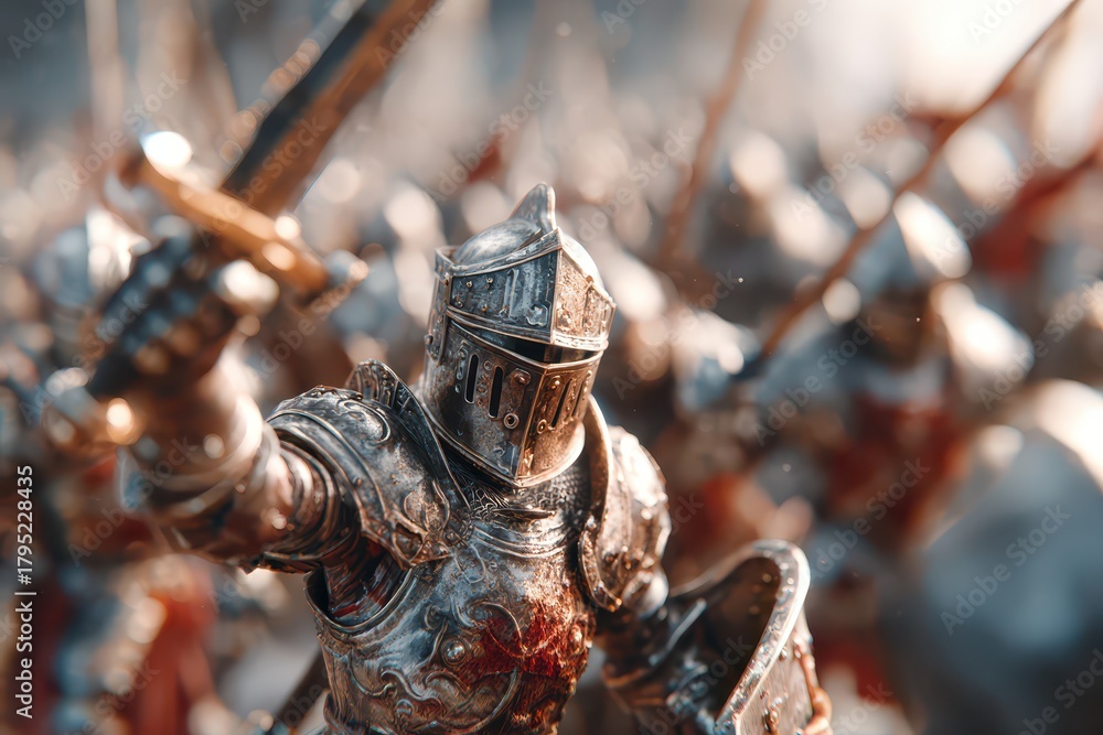 Fototapeta premium A detailed close-up shot of a medieval knight in full armor, raising his sword during a battle, surrounded by fellow soldiers with a dramatic, blurred background.
