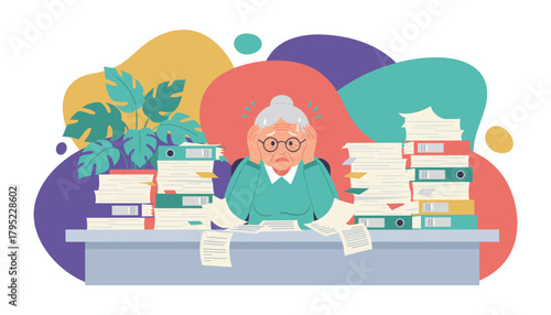 Overwhelmed senior worker struggling with endless paperwork and office stress