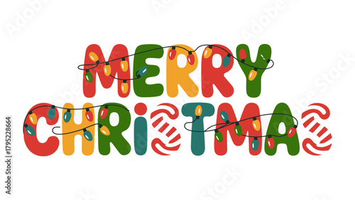 Merry Christmas: Colorful and festive typography with illuminated string lights spells out Merry Christmas, capturing the joy and spirit of the holiday season.