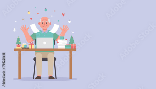 Overwhelmed senior employee stressed by paperwork during the busy holiday season