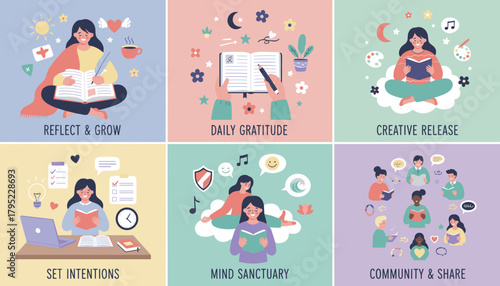 Six panel illustration of selfcare practices reflection gratitude reading learning and emotional wellness