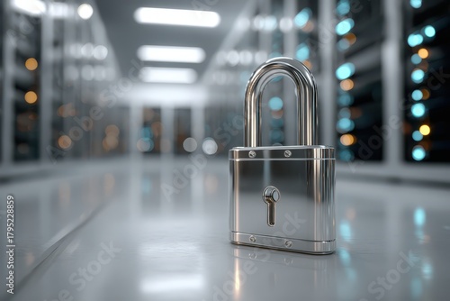 A gleaming metal padlock stands guard in a modern server room, symbolizing data security and protection of digital information against cyber threats with the background in blur.