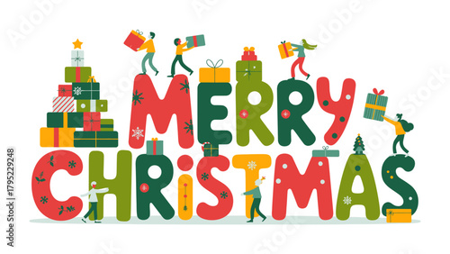Merry Christmas Celebration: An illustration captures the spirit of the holidays, with festive typography spelling Merry Christmas, decorated with vibrant gifts and cheerful characters.
