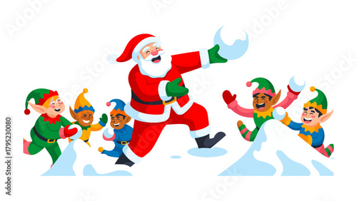 Festive Snowball Fight: Santa Claus and his lively elven companions engage in a playful snowball fight, amidst a joyful winter landscape, full of the spirit of Christmas.
