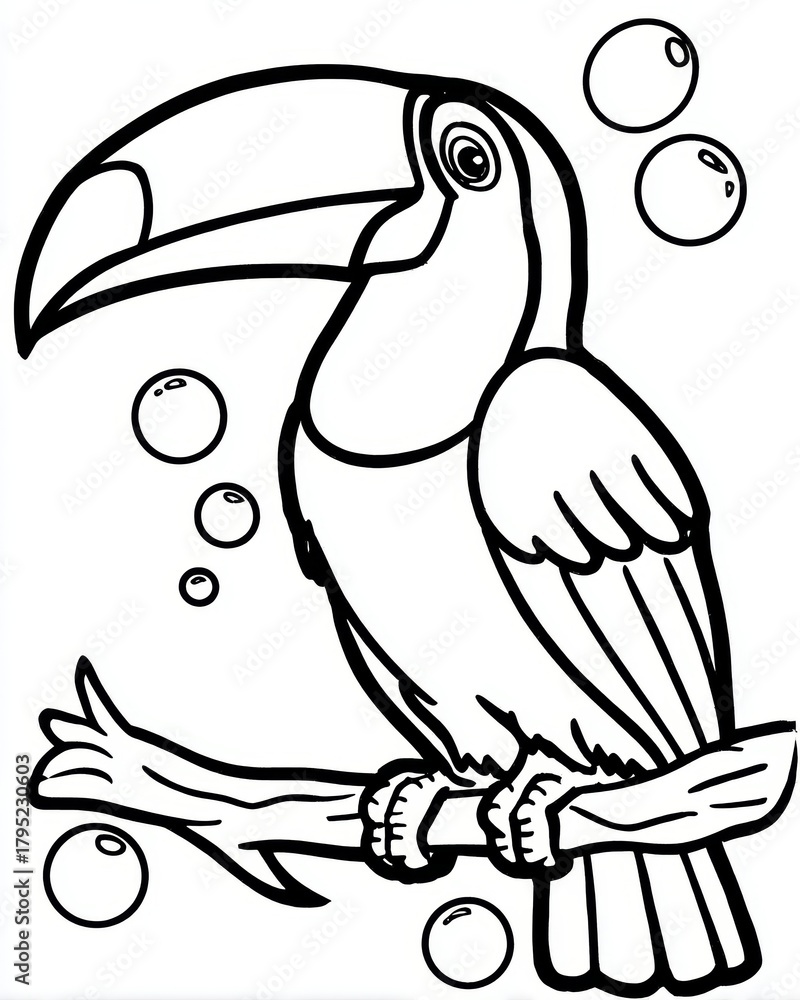 Fototapeta premium Outlined Tropical Bird Illustration with Bubbles for Kids' Activities and Creative Art Projects.