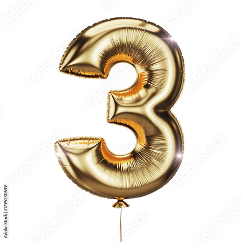 Golden Number Three Balloon Floating Isolated On Black Background With Subtle Reflections And Highlights A Shiny Metallic Object Representing Celebration And Achievement