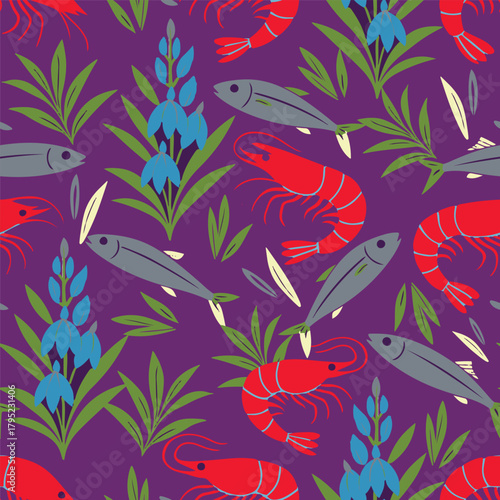 Vibrant seamless pattern with red shrimps, Anchovies fish and blue flowers on a purple background. Perfect for textiles, packaging, and ocean-themed designs.